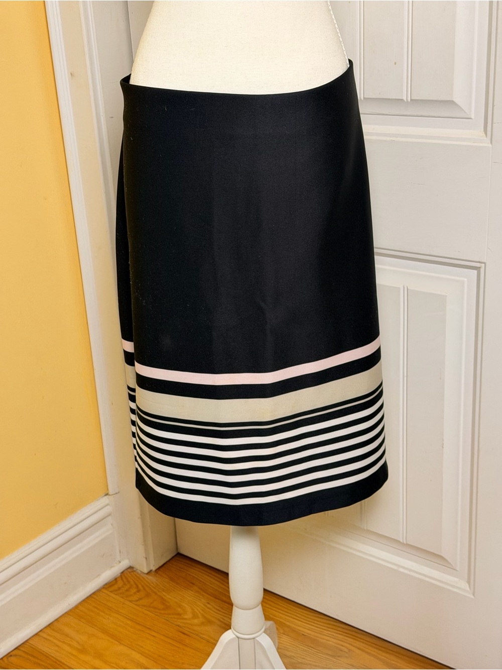 Roz & Ali Black Pencil Skirt with Cream and Pale Pink Stripes